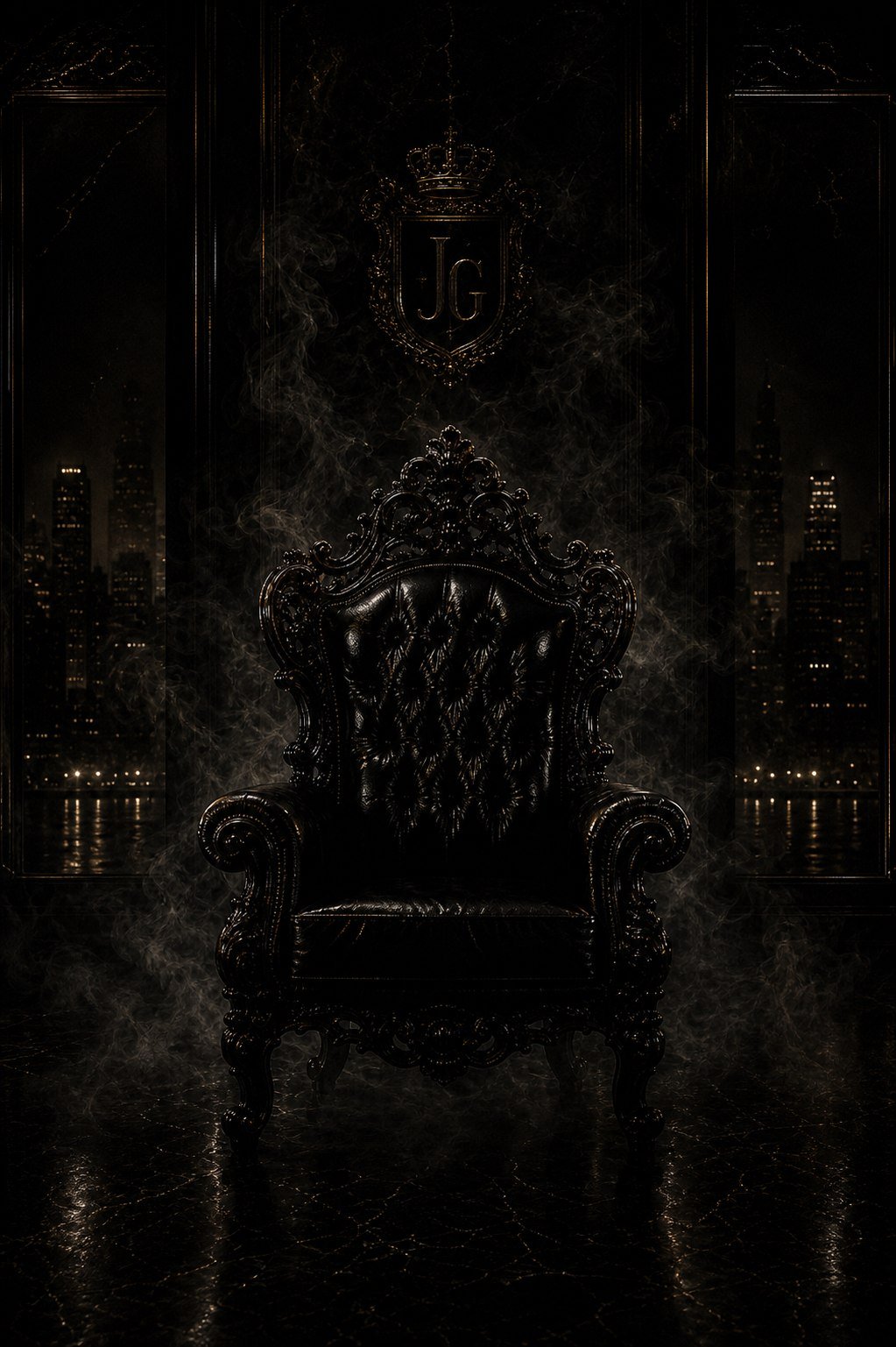 Trono preto ornamentado com brasao JG e atmosfera cinematografica