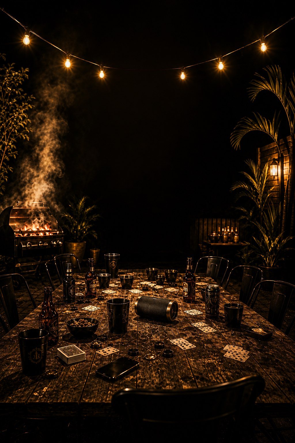 Mesa de resenha noturna com churrasco, luzes quentes e atmosfera premium